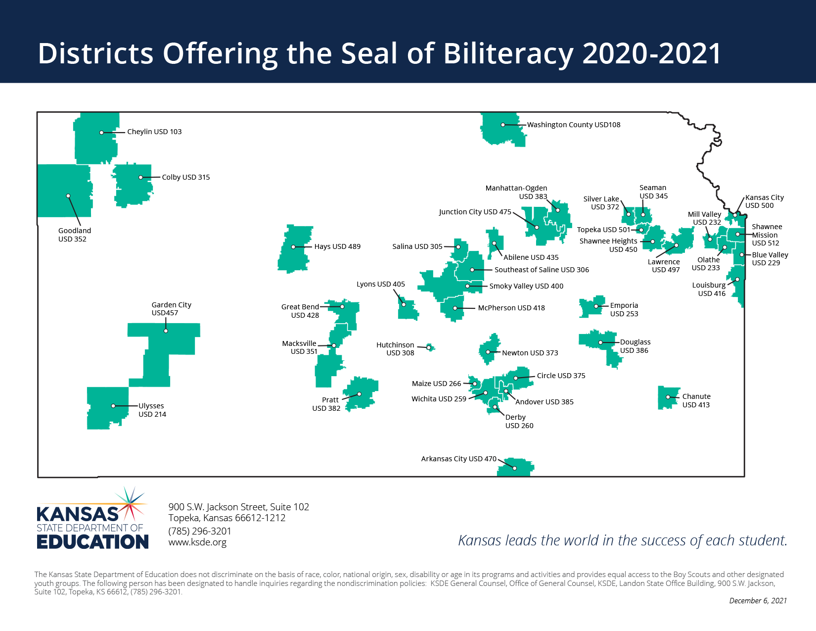 Map of the districts offering the Seal of Biliteracy 2020-2021